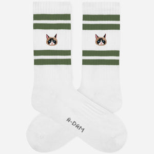 Cat face green stripes crew socks