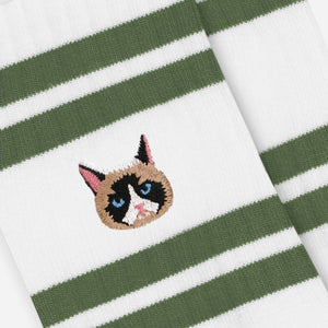 Cat face green stripes crew socks