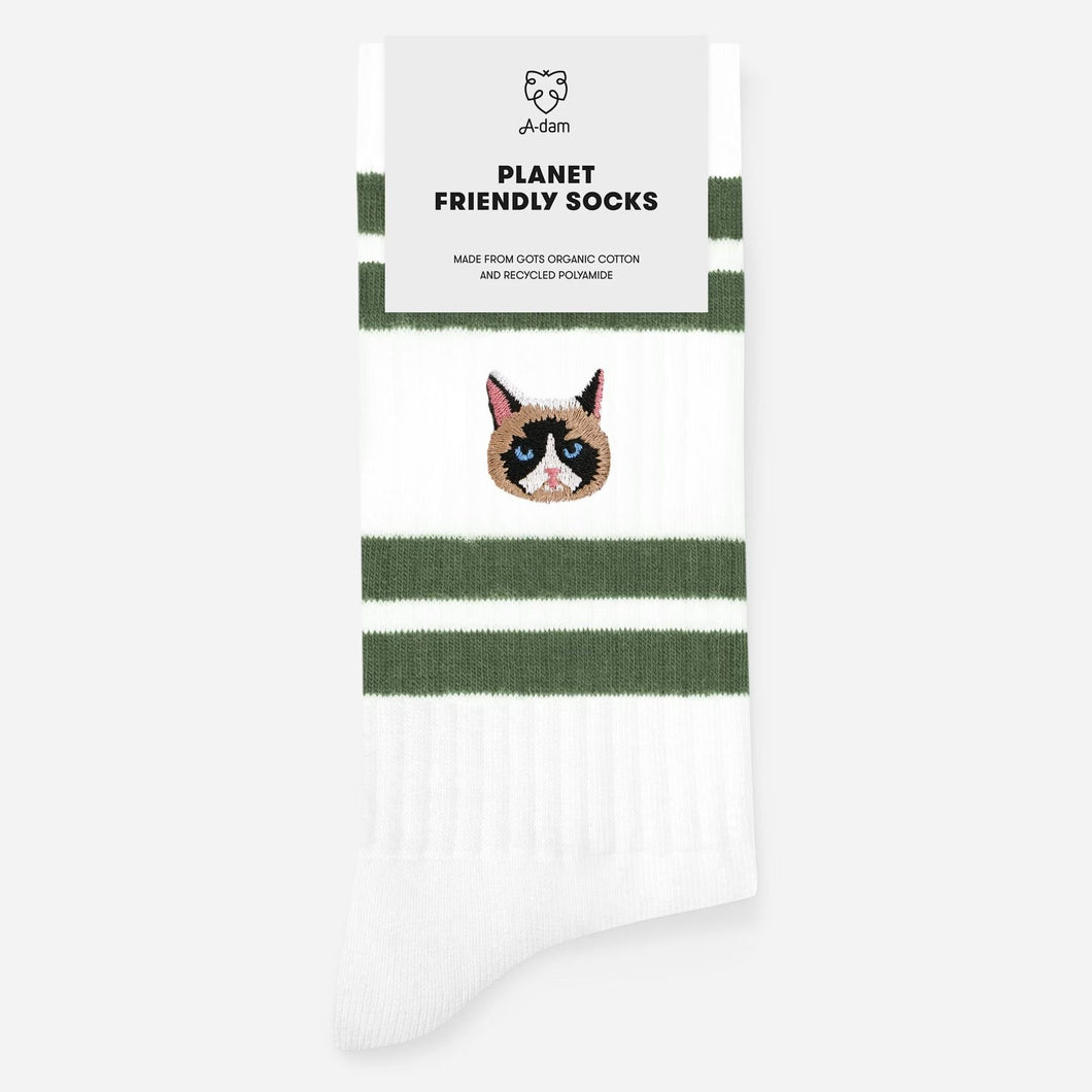 Cat face green stripes crew socks