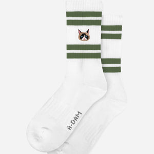 Cat face green stripes crew socks