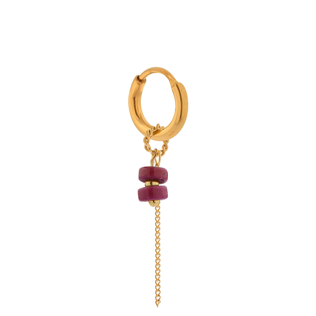 Oorbel - Chain magenta hoop gold