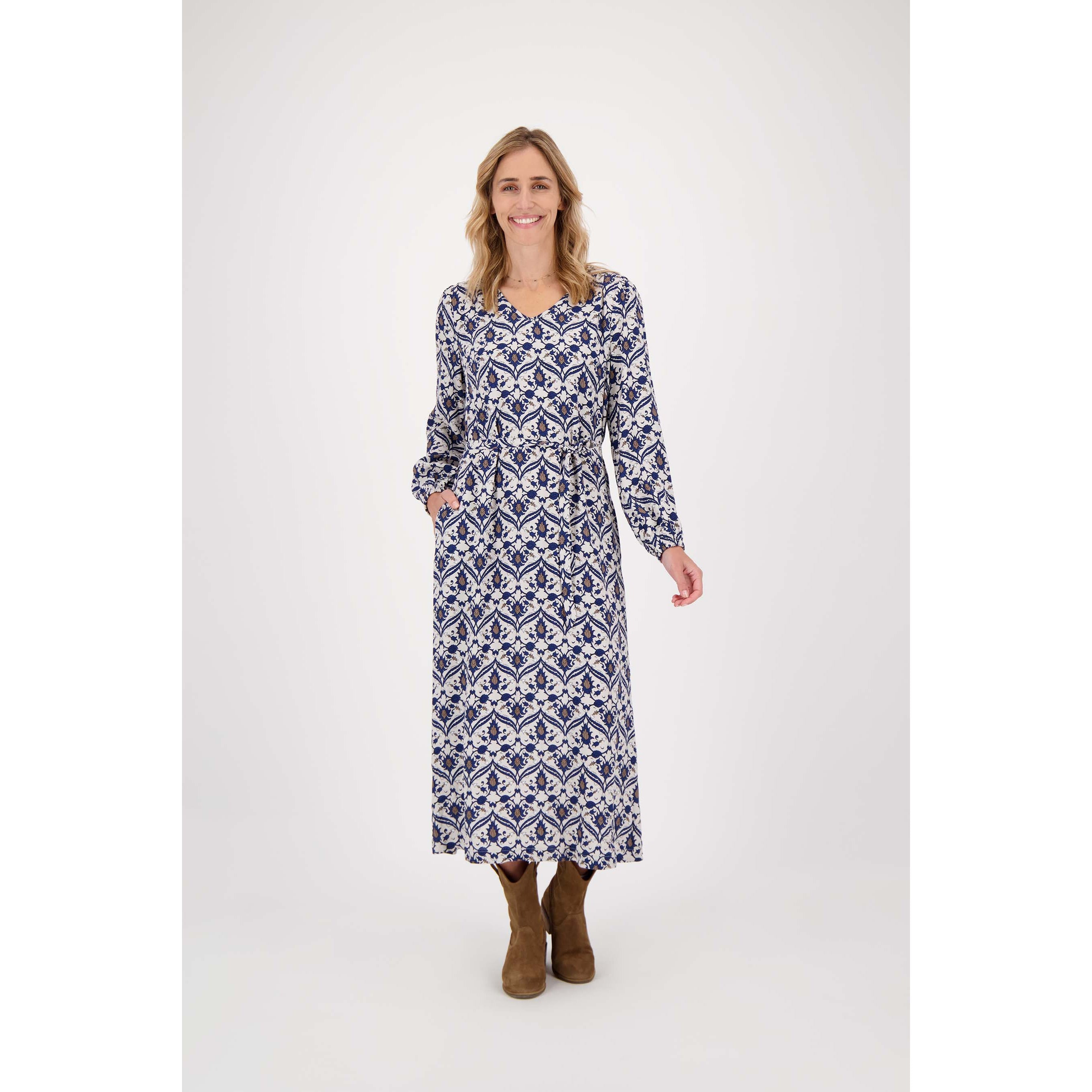 Maxi jurk met print - zand/kobalt