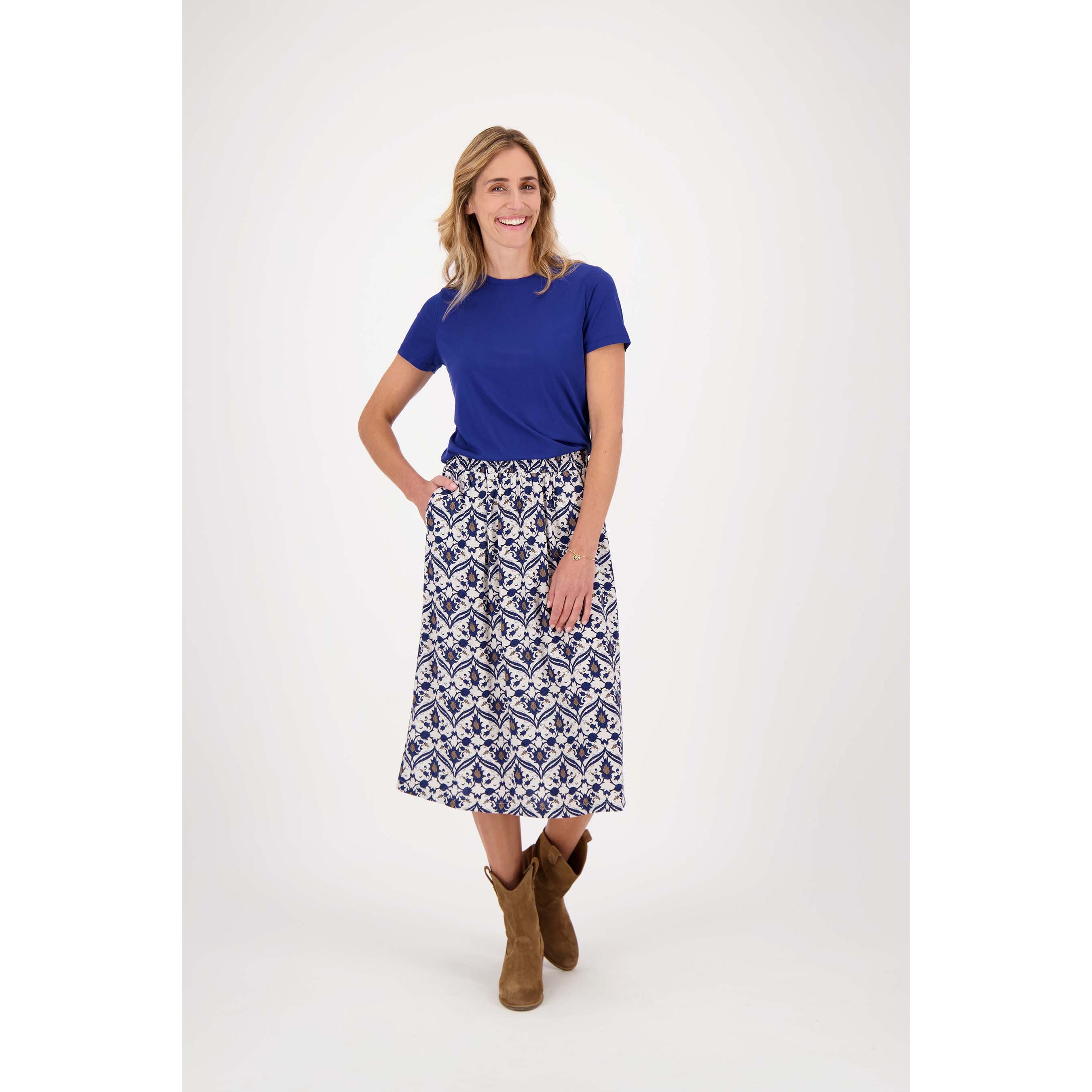 Rok met print - zand/kobaltblauw