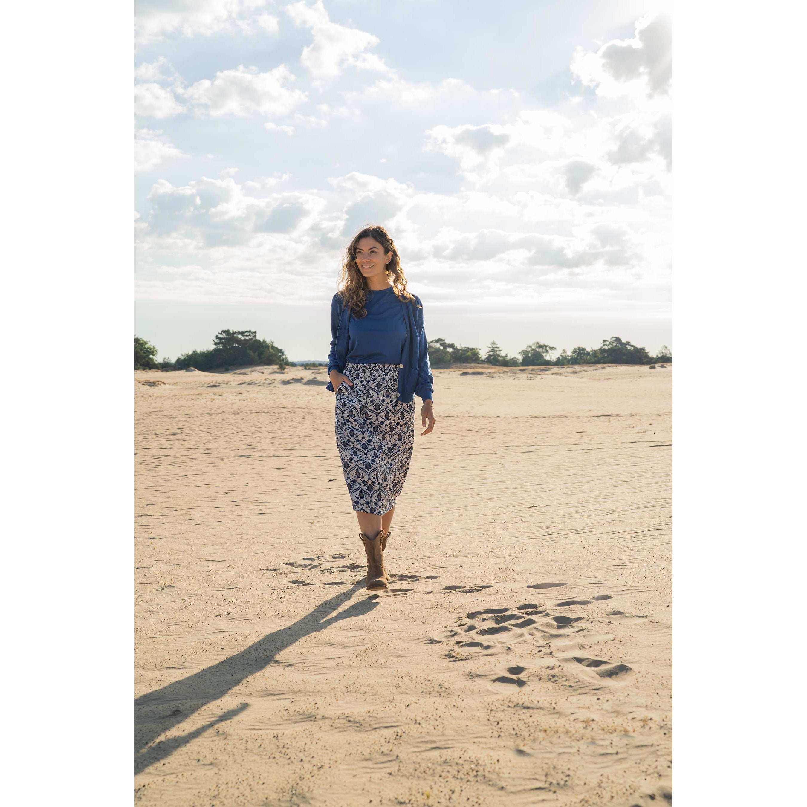Rok met print - zand/kobaltblauw